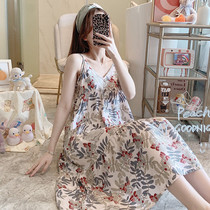 Fly to the rainforest~beautiful turned backless suspender night dress female summer comfortable cotton silk long section can be worn outside pajamas
