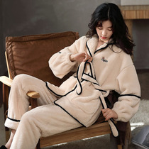Soft and warm ~ Japanese simple robe-style tether autumn and winter pajamas female coral velvet plus velvet padded suit