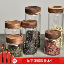 Tian Zhe Acacia wood transparent glass storage can with lid grains food cans tea coffee storage and sealing cans