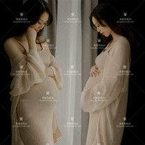 Pregnant woman photo photo costume beautiful khaki dress studio theme photo dress big belly mother dress