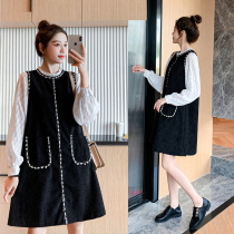 Pregnant women Spring and Autumn dress fashion hot mom large size loose cover pregnant belly foreign temperament splicing fake two small black skirt