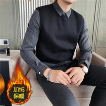 Warm sweater men fake two pieces plus velvet shirt collar base long sleeve cardigan men autumn winter sweater thickened