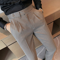 European station 2021 new autumn thousand bird grid casual pants mens slim feet non-iron trousers Joker trousers tide