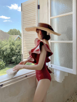 Swimwear Sanya tourism seaside beach skirt jumpsuit conservative slim female ruffle collar Slim retro