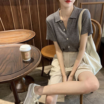 polo collar sweater womens 2021 summer new loose ice silk short-sleeved t-shirt solid color thin cardigan top