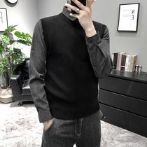 2021 autumn and winter New bottoming sweater mens long sleeve shirt collar fake two mens spring and autumn trend pullover sweater