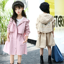Girlswindshirt 2022 new autumn childrens Han - sleeved long sleeve cap in large childrens pure medium - long - term gas coat