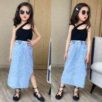2021 summer girls oblique shoulder camisole girls Western style slim-fit top in large childrens bag hip split denim skirt