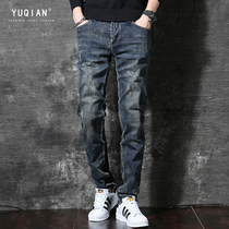 2021 autumn and winter high-end jeans men plus velvet padded straight tube loose stretch tide brand washed retro casual pants