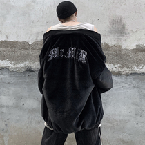 Mr. Black Clothes Winter Dark High Street Wind Rabbit Hair Letter Embroidery Baseball Clothing Cotton Suit Mens oversize Coat Tide