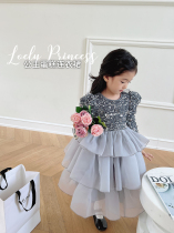 Girl Autumn 2022 Internet celebrity one-year-old baby girl dress gray sequined princess skirt foreign fashion Korean version dress