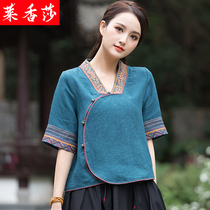National style summer vintage womens linen short sleeve T-shirt Chinese style Tang suit v collar embroidery short cotton top women