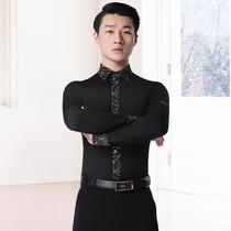 Dan Bo Luo Modern Dance Top Waltz Dance Clothes National Standard Mens Latin Dance Race Clothes Black Long Sleeve Shirt