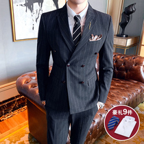 Suit male suit Groom wedding double-breasted British three-piece suit slim Korean version trendy handsome casual striped dress