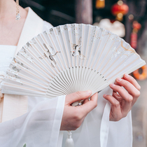 White fan folding fan Chinese style antique crane Plum Blossom Fan Super fairy with Hanfu 5 inch high-grade silk gift fan
