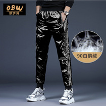 Winter shiny down pants men 2021 Tide brand duck down plus velvet thick slim pants outdoor warm sports cotton pants