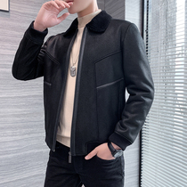 Winter locomotive clothing sheep wool one mens lapel leather jacket Haining leather jacket short fur coat tide