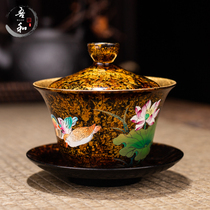 Wuhe Lacquerware Tea Set Large Lacquer gilt 24K hand-painted lotus cover bowl Handmade ceramic three-year-old flower and bird tea bowl