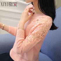 Hollowed-out Needles Jersey Woman Long Sleeve Lace Nail Pearl Round Neckline Undershirt 2022 Spring Autumn New Womens Slim Sweater Short