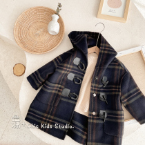 Advanced texture Korean version of grid children Double face cashmere big clothes male and female childrens autumn and winter style double face jacket