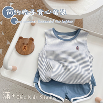 Clear Stripes ~ Feel Soft Glutinous South Korea Children Vest Suit Boy Girl Girl Baby Sleeveless Vest Shorts Summer