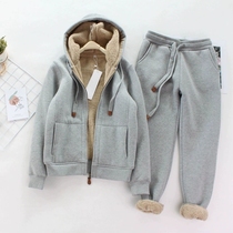 Sports casual suit womens winter lamb cashmere thickened and velvet loose coat Lamb hair sweater two-piece Lady