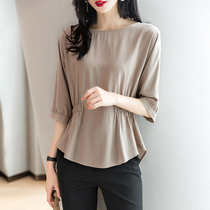 Waist-closing mid-sleeve chiffon shirt womens short-sleeved belly-covering top Western high-end chic little shirt 2021 new age reduction