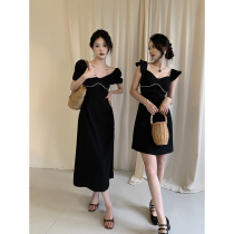 Heron Qingyi (Chanson Night Paris) black dress womens summer French vintage design square neck waist small black dress