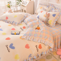 Korean bed skirt four-piece cotton cotton beautiful girl bear sheet three-piece set twill princess style lace quilt cover