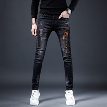 Winter embroidery Tide brand jeans men plus velvet thick slim feet trend mens pants autumn and winter 2021 New