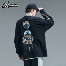 GUUKA black fake two-piece long sleeve T-shirt male tide card students hip-hop sports hourglass printing cotton long t loose
