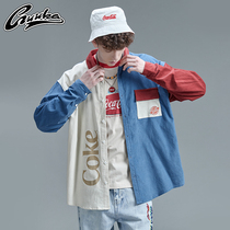 GUUKA Coca-Cola Co-branded Contrast Corduroy Long Sleeve Shirt Men's Tide Hip Hop American Shirt Jacket Loose