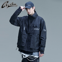 GUUKA black windbreaker male middle-length student hip-hop multi-bag tooling sports reflective windbreaker jacket loose