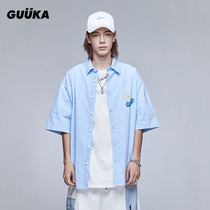 GUUKA sky blue short sleeve shirt male ins tide small daisy print lovers 50% sleeve shirt loose