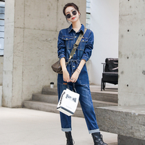 European goods high waist Hong Kong wind denim jumpsuit womens 2021 autumn new casual slim net red oversuit tide tide