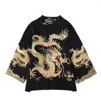 Chinese style embroidered golden dragon robe cardigan jacket mens autumn and winter loose size kimono big clothes trend hip hop Hando