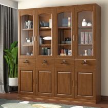 Solid wood bookcase with lock with glass door floor combination household 3 doors modern Chinese office 3 doors bookcase with door
