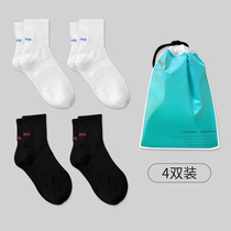 4 pairs of mens cotton mid-tube black and white socks embroidery personality tide versatile stockings Basketball breathable INS summer