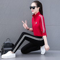 2021 Spring and Autumn Sports Set Womens High-end Collar Long Sleeve Fashion Tide Brand Color Running Clothes Casual Two-Piece Set