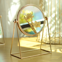 Vertical wrought iron desktop mirror vanity mirror with cosmetics glass storage tray European makeup brush tube light luxury