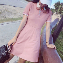 Womens new summer pink girl style polo collar Joker French thin Platycodon dress Super fairy