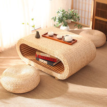 Rattan tatami tea table Japanese Oval solid wood platform Kang table tea table pastoral straw window table small coffee table