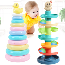 Infant and young baby yellow duck baby educational toy Rainbow tower stacked music circle layer by layer stacked ring Childrens Tremble