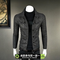 Leather mens coat winter New velvet coat youth slim lapel wash leather locomotive suit Korean leather jacket