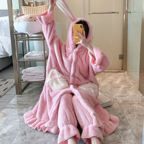 Coral velvet pajamas womens autumn and winter thickened flannel nightgown long homewear suit 2021 new