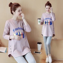 Pregnant womens spring clothing suit 2022 spring and autumn outside wearing long sleeves T-shirt blouses in autumn and winter style hit bottom and two sets