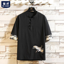 Crane embroidery short-sleeved mens fat plus size Chinese style plate buckle clothes Half-sleeve fat loose cotton and hemp t-shirt