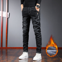 Black Joker micro-span small straight tube plus velvet jeans mens autumn and winter thick casual mens autumn stretch trousers