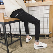 Jeans men slim feet Black Tide brand Korean fashion ankle-length pants men autumn and winter style plus velvet padded pants