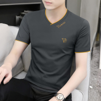 2 pieces) Modale mens short sleeve T-shirt 2022 Summer V collar embroidered ice silk ice sensation sympathetic to the male tide